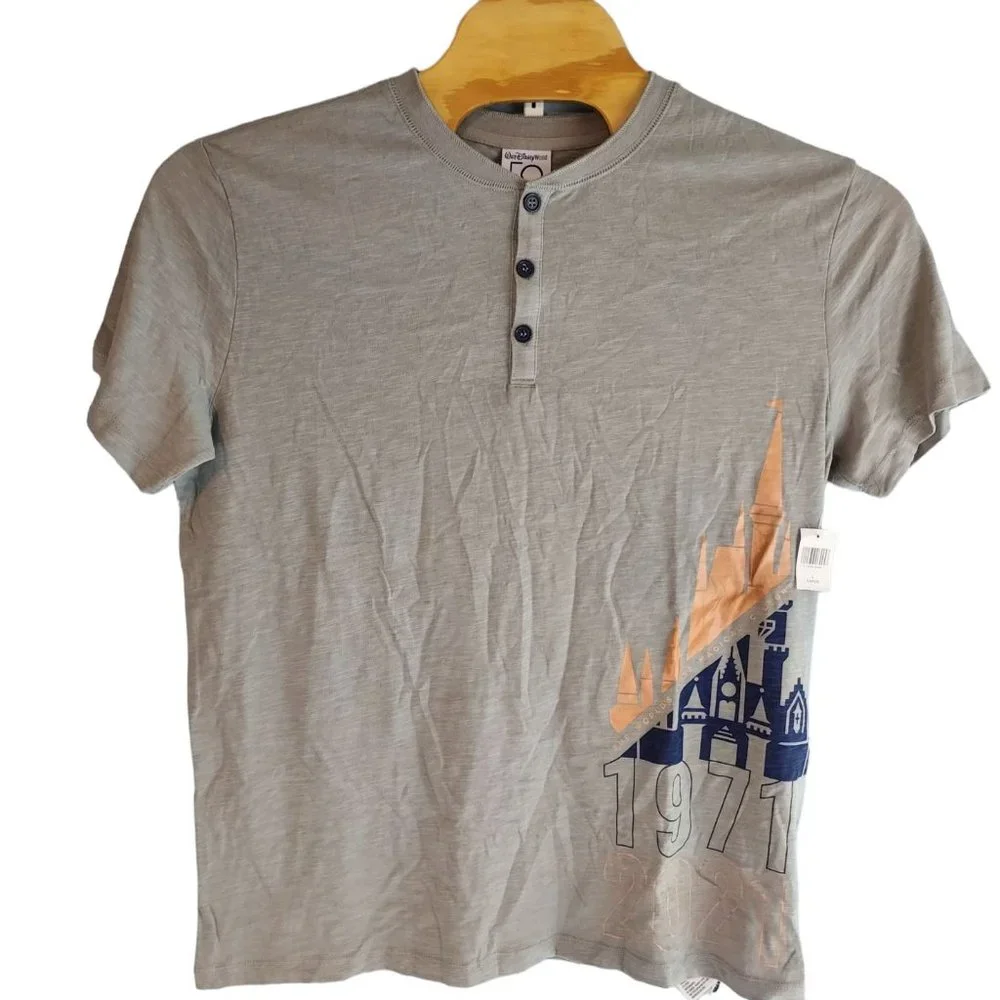 Disney World Henley Shirt Mens Large Gray 50th Anniversary‎ Castle 1971 New